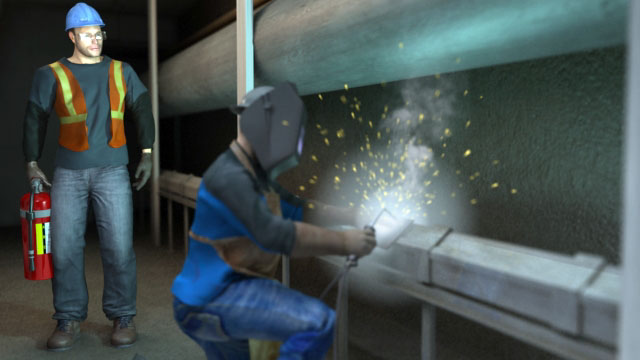 3D Render of Fire Watch being Trained on how to use a Fire Extinguisher
