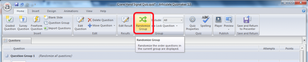 Click the Randomize Group Button to Have Your Questions Appear In Random Order