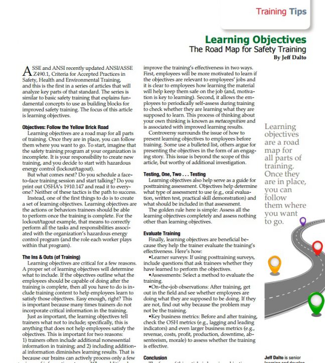 Learning objectives for safety training image