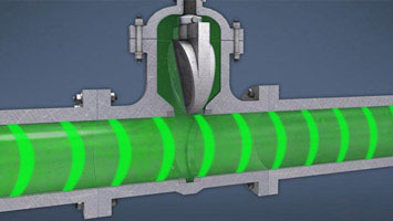 Cutaway view of fluid passing by an open industrial valve - screenshot from Convergence course