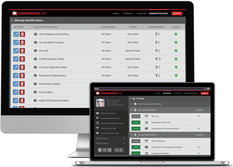 Convergence LMS user interface for industrial training company on laptop and desktop computer